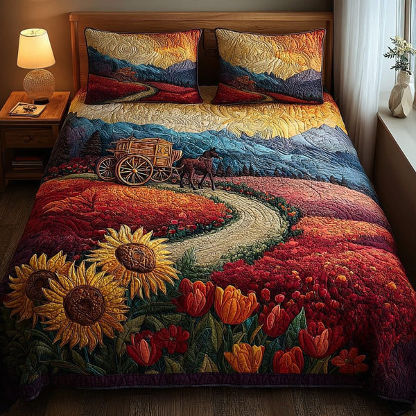Tulip and Poppy Road quilted 3-piece bedding set on a made bed with two matching pillow shams
