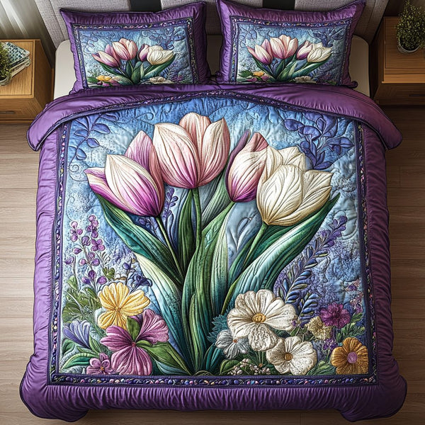 Tulip Bliss quilted 3-piece bedding set on a made bed with two matching pillow shams