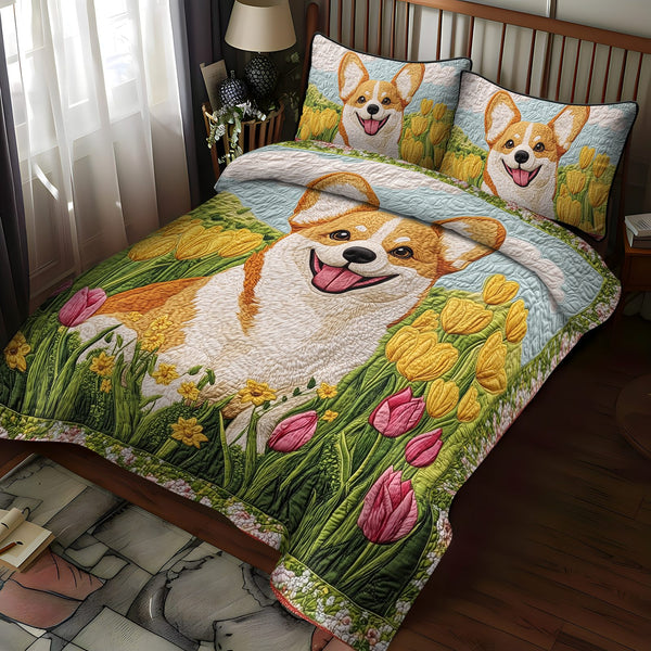 Tulip Bliss with Corgi quilted 3-piece bedding set on a made bed with two matching pillow shams
