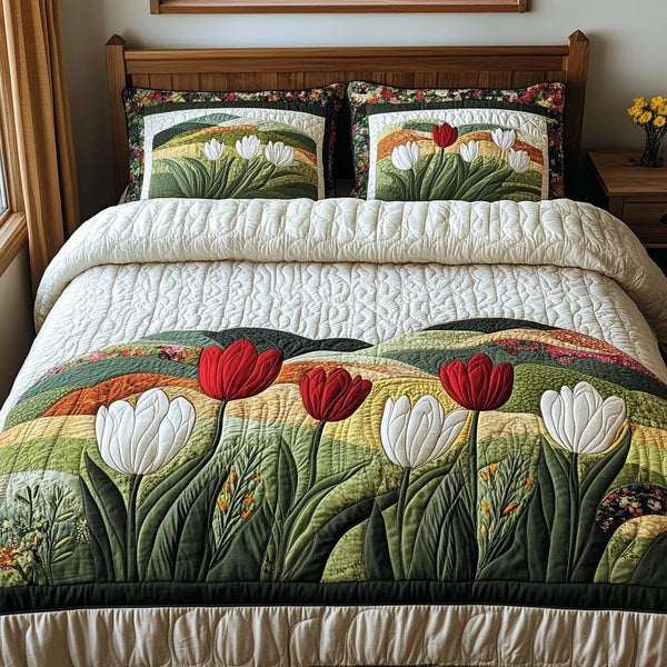 Tulip Bloom quilted 3-piece bedding set on a made bed with two matching pillow shams