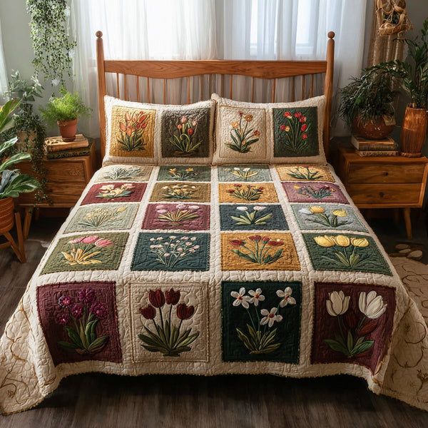 Tulip Gallery quilted 3-piece bedding set on a made bed with two matching pillow shams