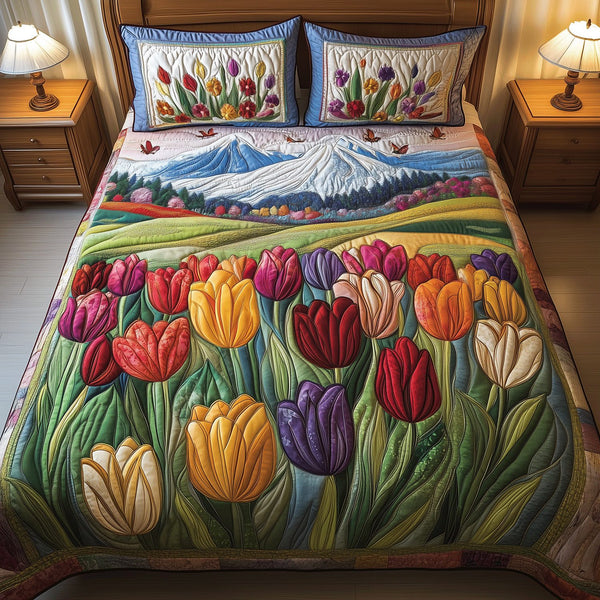 Tulip Haven quilted 3-piece bedding set on a made bed with two matching pillow shams