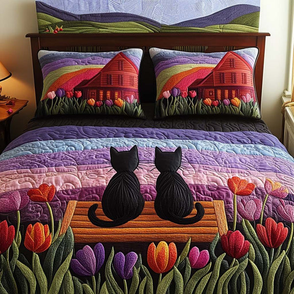 Tulip Lovers quilted 3-piece bedding set on a made bed with two matching pillow shams