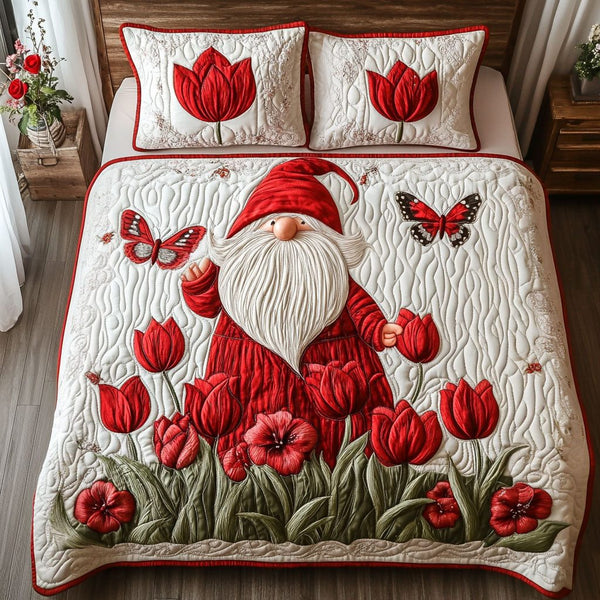 Tulip Meadow Gnome quilted 3-piece bedding set on a made bed in a winter-styled bedroom