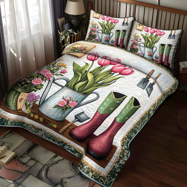 Tulip Time quilted 3-piece bedding set on a made bed with two matching pillow shams
