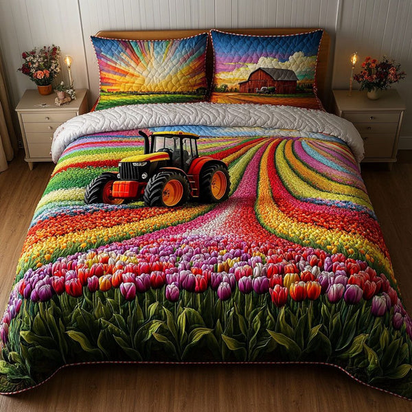 Tulip Tractor Dream quilted 3-piece bedding set on a made bed with two matching pillow shams