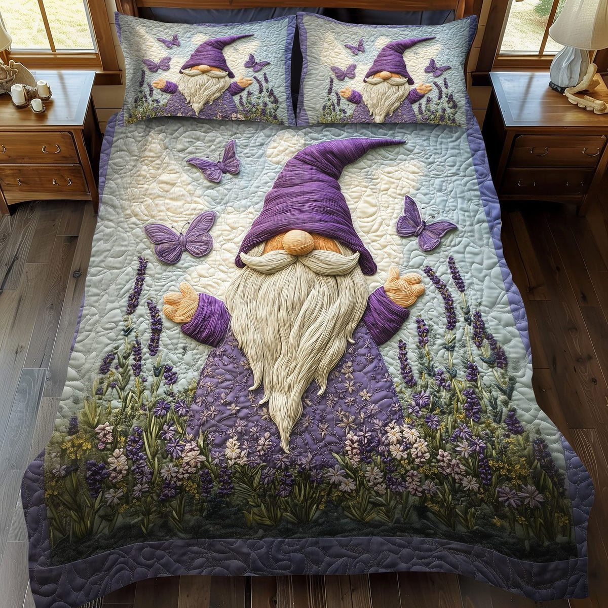 Tulip Trail Gnome quilted 3-piece bedding set on a made bed in a winter-styled bedroom