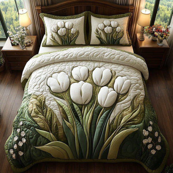 Tulip Trail quilted 3-piece bedding set on a made bed with two matching pillow shams