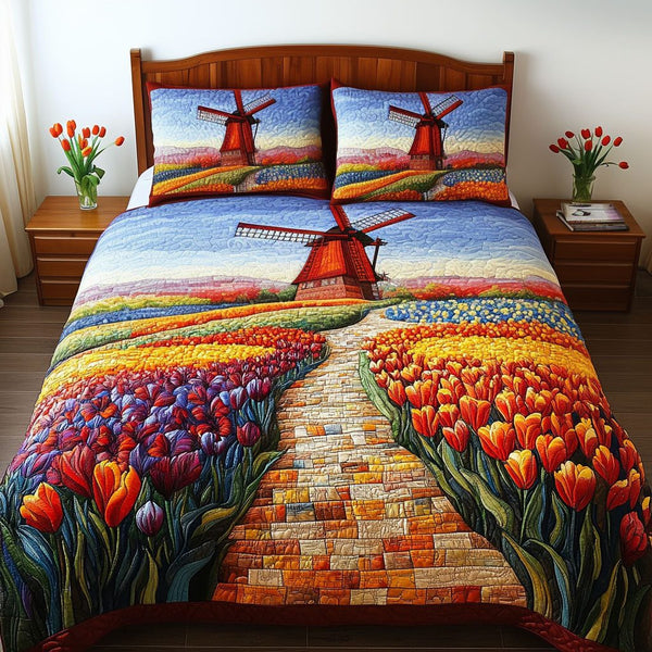 Tulip Trails quilted 3-piece bedding set on a made bed with two matching pillow shams