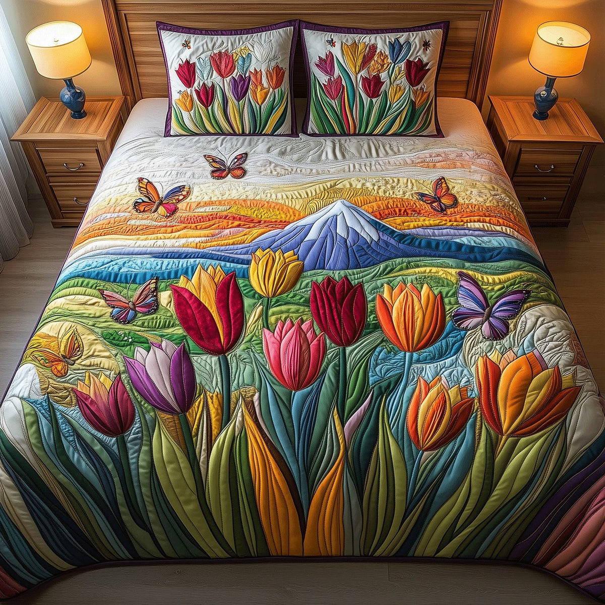 Tulip Valley quilted 3-piece bedding set on a made bed with two matching pillow shams
