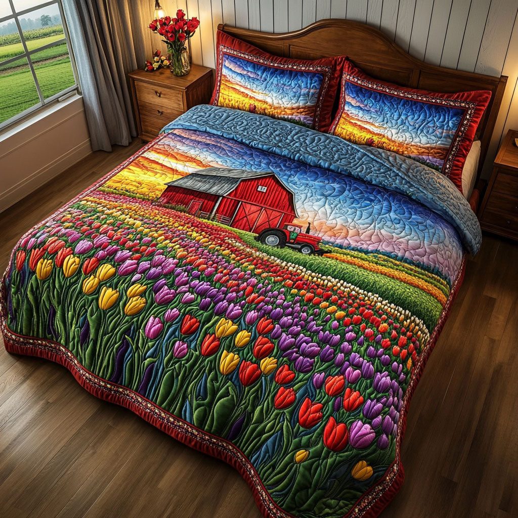 Tulips and Tractors quilted 3-piece bedding set on a made bed with two matching pillow shams