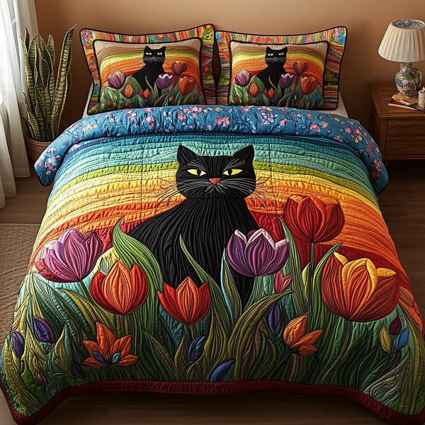 Tulips and Whiskers quilted 3-piece bedding set on a made bed with two matching pillow shams