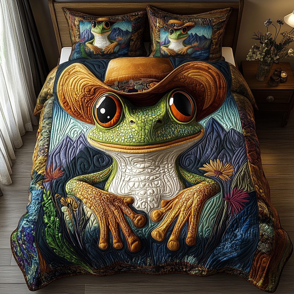Tumbleweed Toad quilted 3-piece bedding set on a made bed with two matching pillow shams