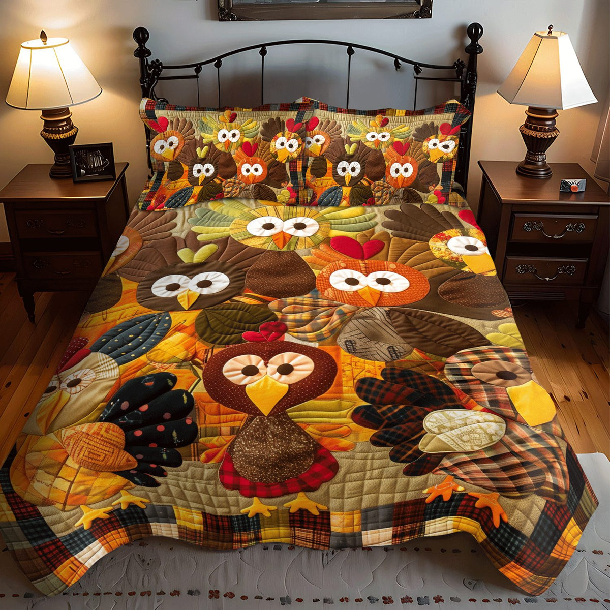 Turkey Family quilted 3-piece bedding set on a made bed with two matching pillow shams