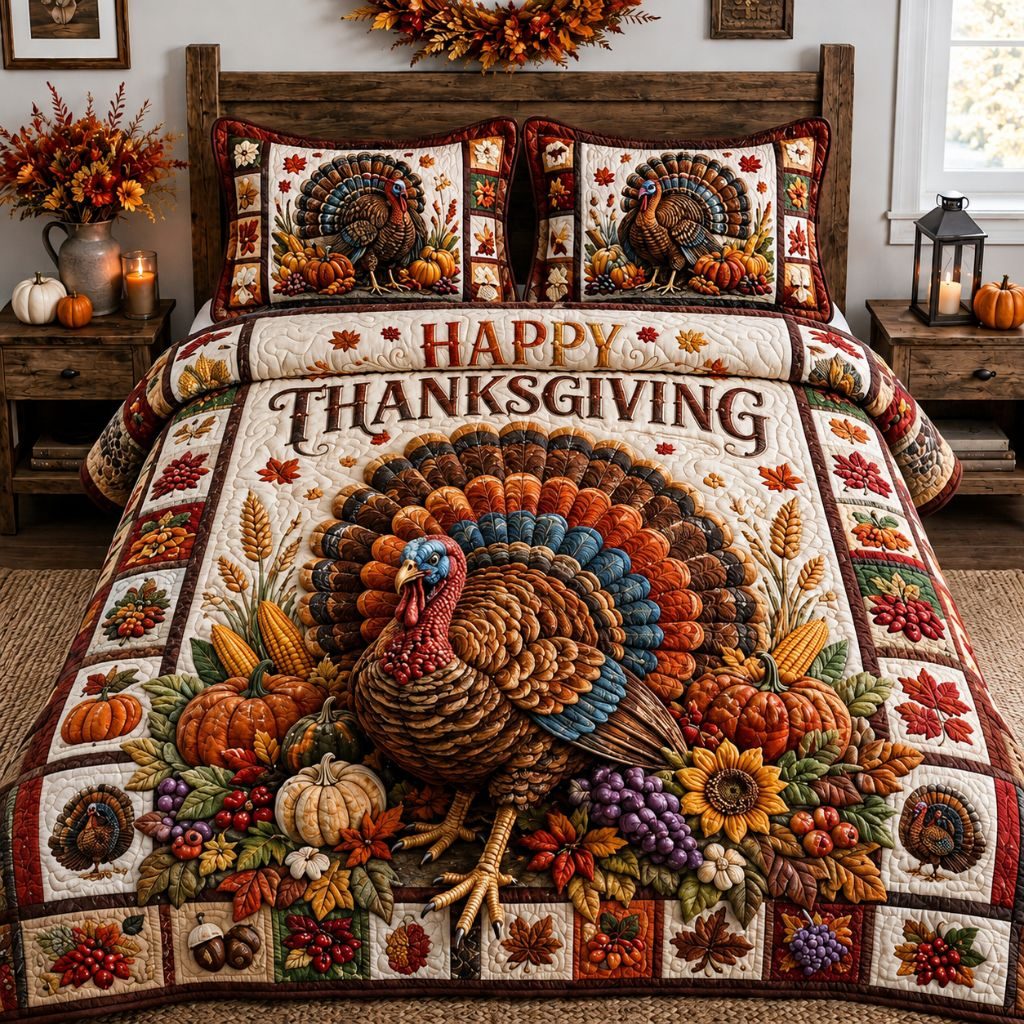 Turkey Harvest Blessing quilted 3-piece bedding set on a made bed with two matching pillow shams