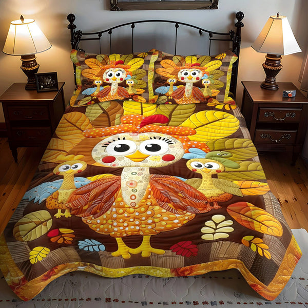 Turkey Playtime quilted 3-piece bedding set on a made bed with two matching pillow shams