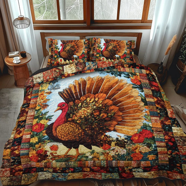 Turkey Thanksgiving Charm quilted 3-piece bedding set on a made bed with two matching pillow shams