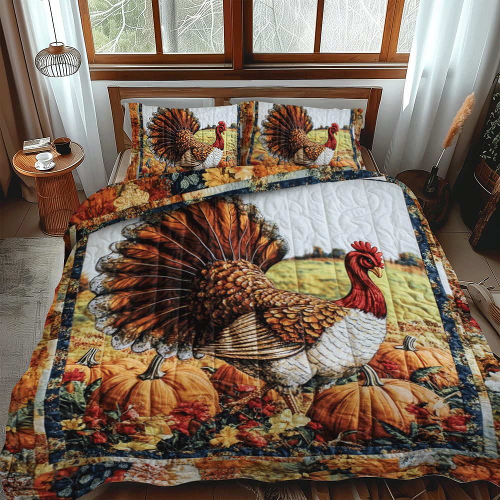 Turkey Thanksgiving Festive quilted 3-piece bedding set on a made bed in a winter-styled bedroom