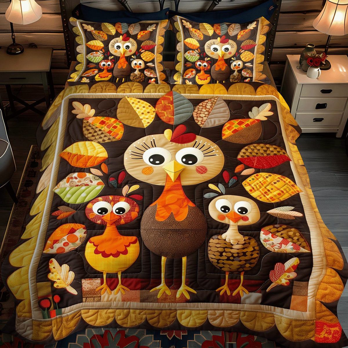 Turkey Time quilted 3-piece bedding set on a made bed with two matching pillow shams