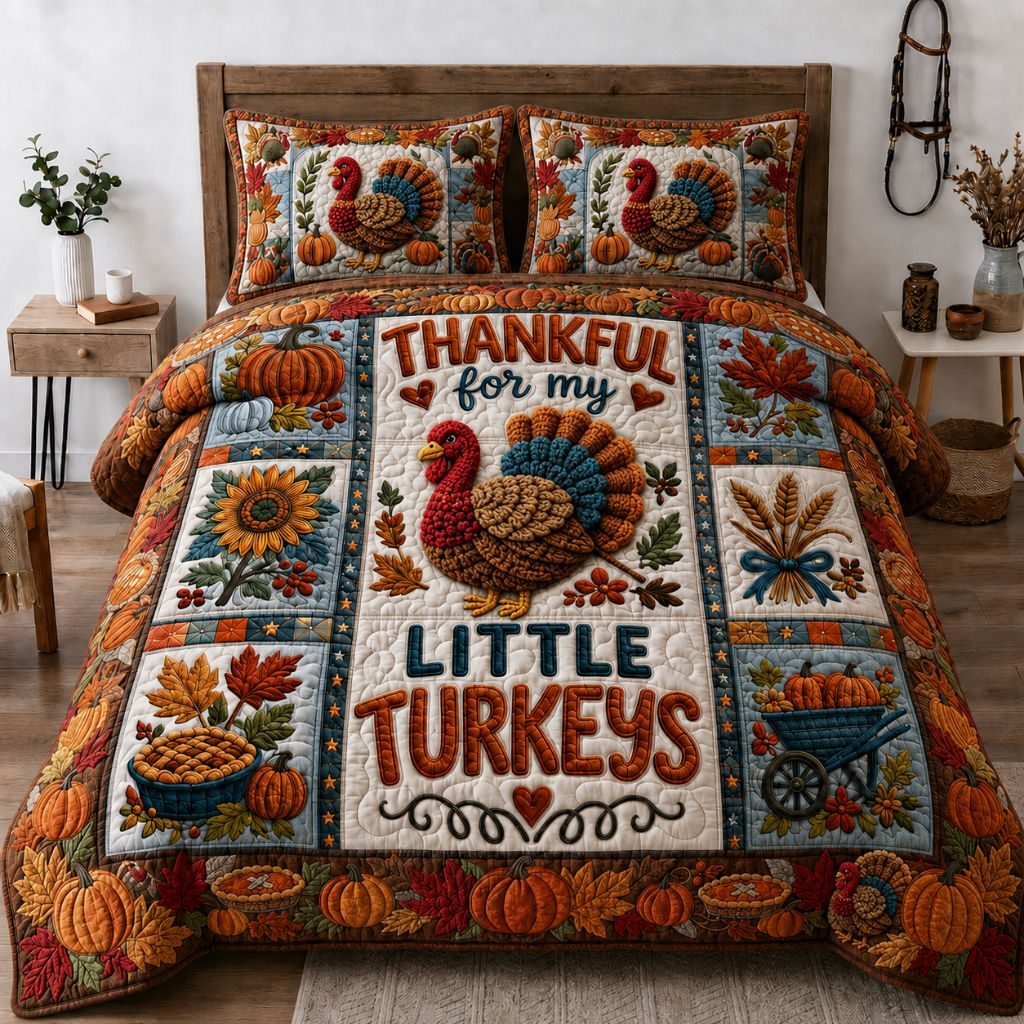 Turkey Woodland Grace quilted 3-piece bedding set on a made bed with two matching pillow shams