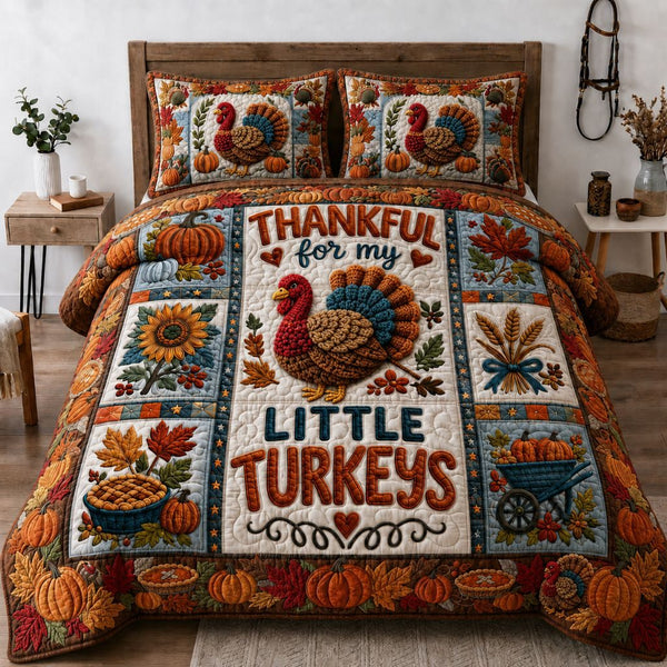 Turkey Woodland Grace quilted 3-piece bedding set on a made bed with two matching pillow shams