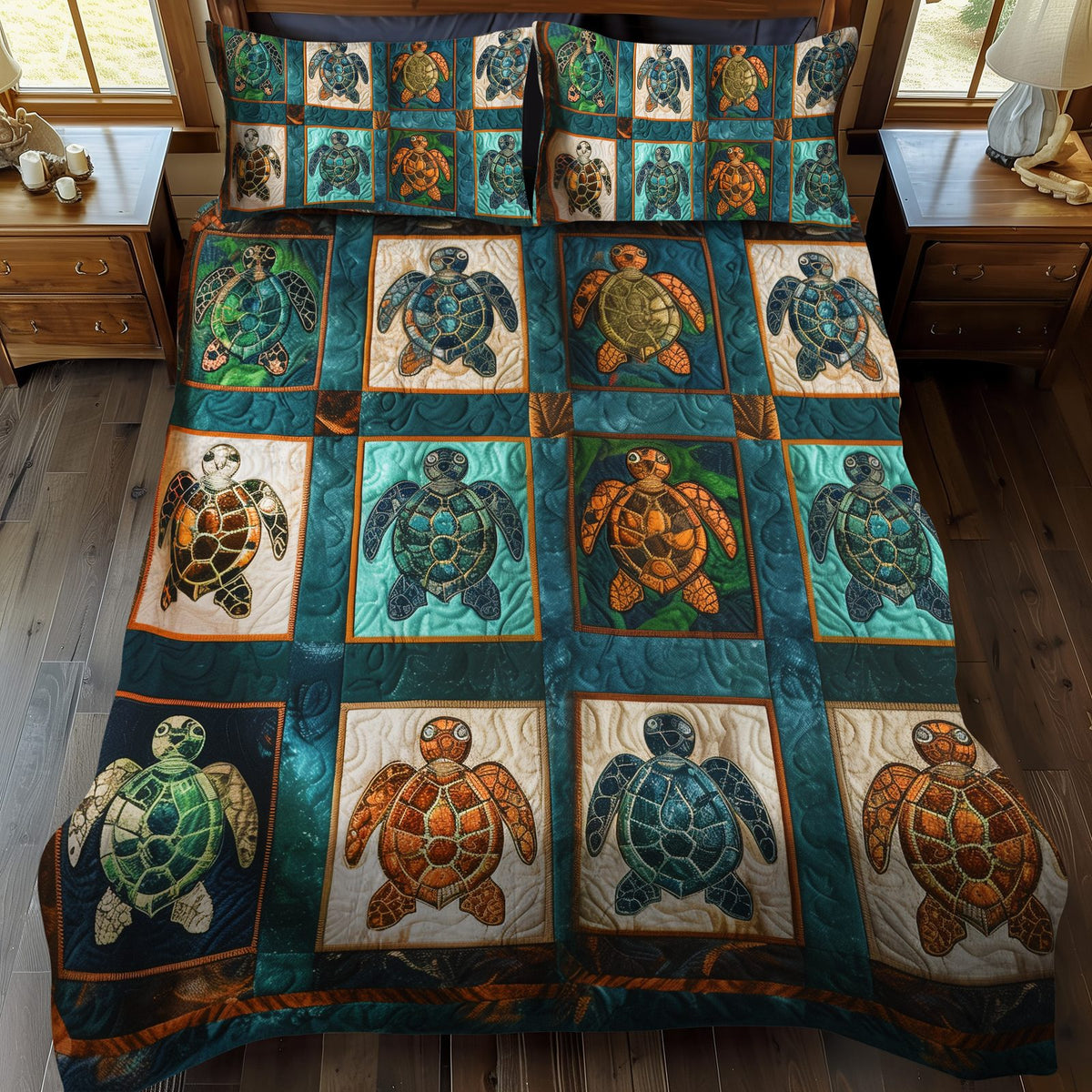 Turle Odyssey quilted 3-piece bedding set on a made bed with two matching pillow shams