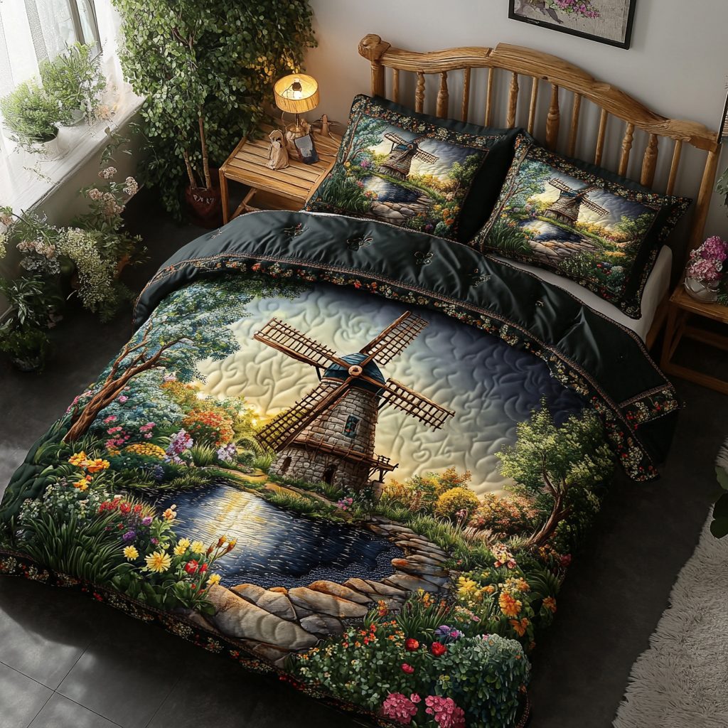 Turning Horizon quilted 3-piece bedding set on a made bed with two matching pillow shams
