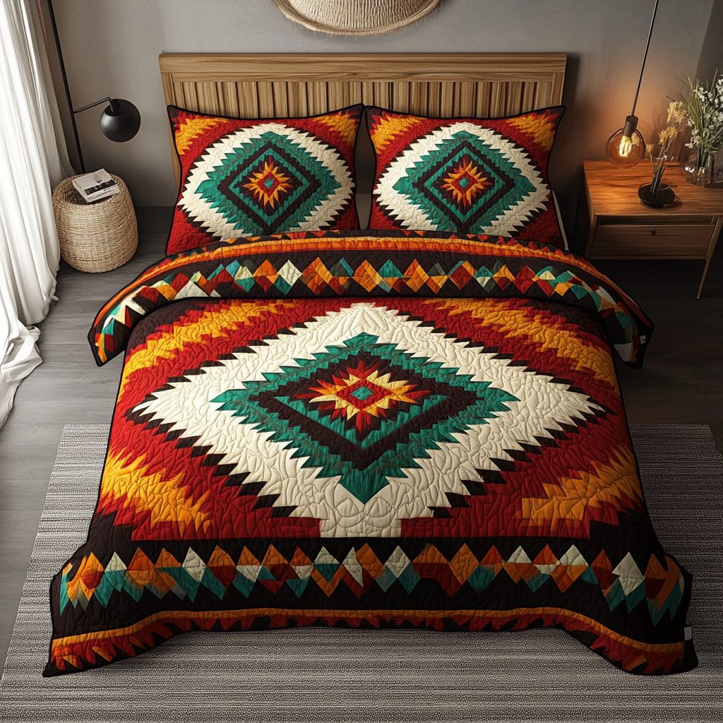 Turquoise Horizon quilted 3-piece bedding set on a made bed with two matching pillow shams