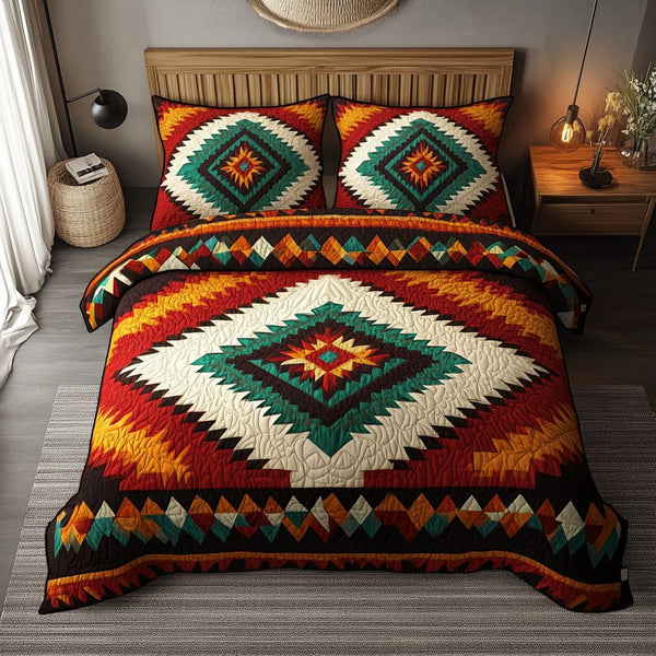 Turquoise Horizon quilted 3-piece bedding set on a made bed with two matching pillow shams