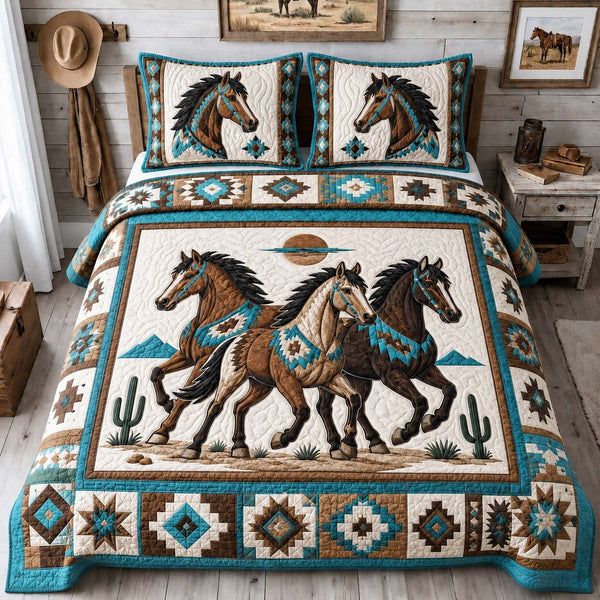 Turquoise Horse Spirit quilted 3-piece bedding set on a made bed in a rustic timber bedroom