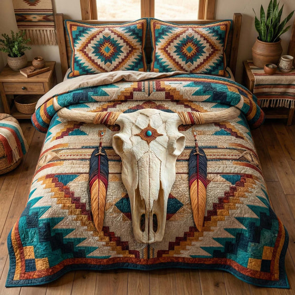 Turquoise Longhorn quilted 3-piece bedding set on a made bed in a rustic timber bedroom