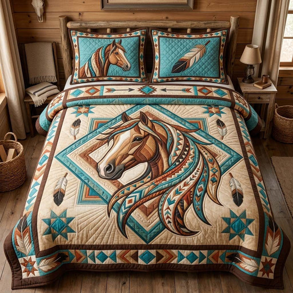 Turquoise Mane Horse quilted 3-piece bedding set on a made bed in a rustic timber bedroom