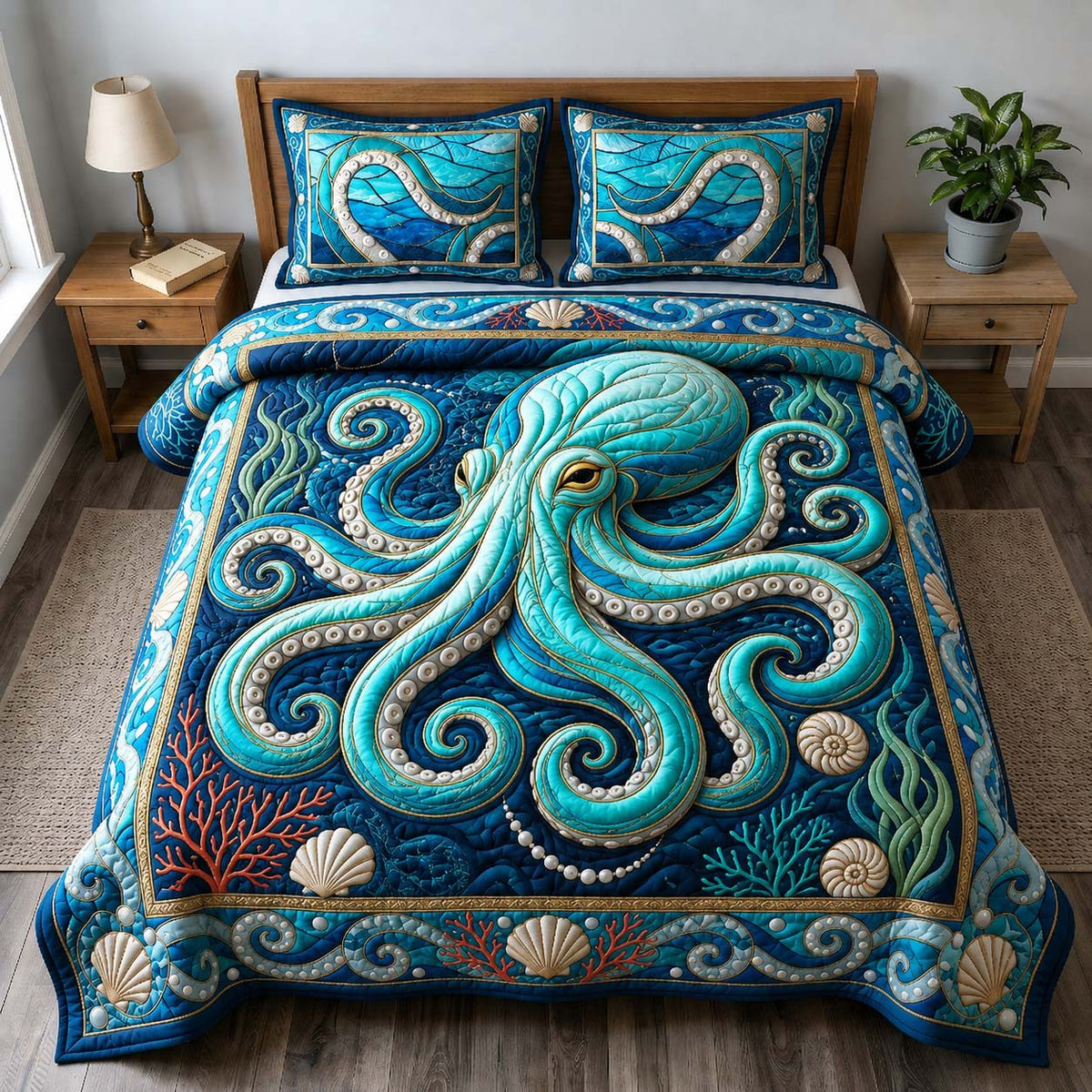 Turquoise Octopus Garden quilted 3-piece bedding set on a made bed with two matching pillow shams