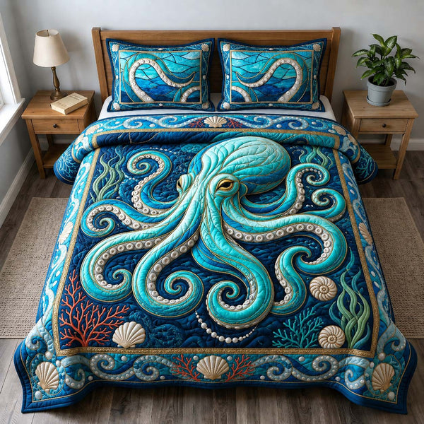 Turquoise Octopus Garden quilted 3-piece bedding set on a made bed with two matching pillow shams