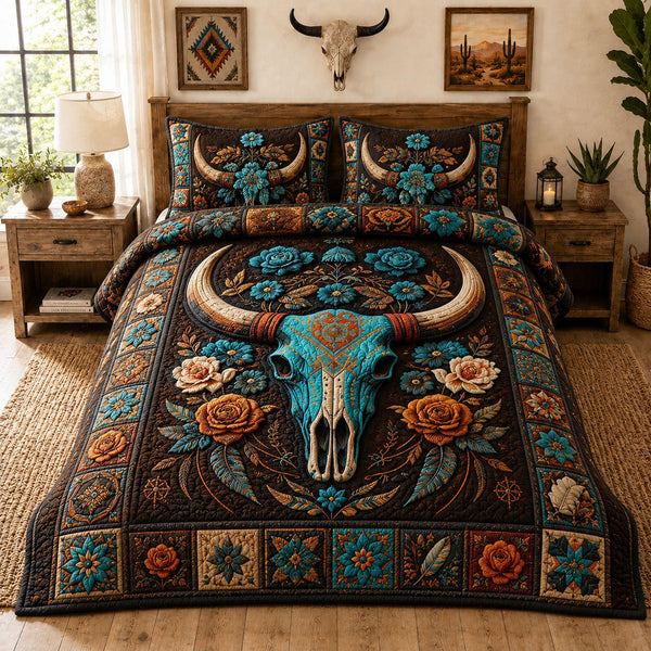 Turquoise Rose Longhorn Skull Western quilted 3-piece bedding set on a made bed against a dark styled interior