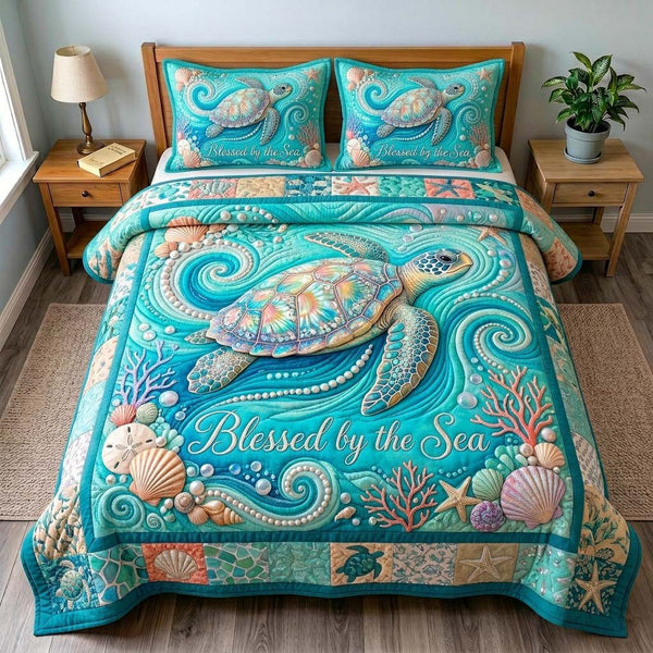 Turquoise Sea Turtle quilted 3-piece bedding set on a made bed in a light coastal bedroom