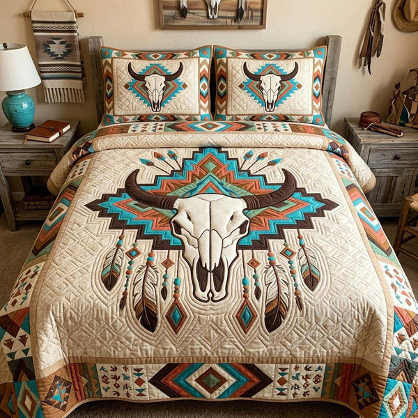 Turquoise Spirit Skull quilted 3-piece bedding set on a made bed against a dark styled interior