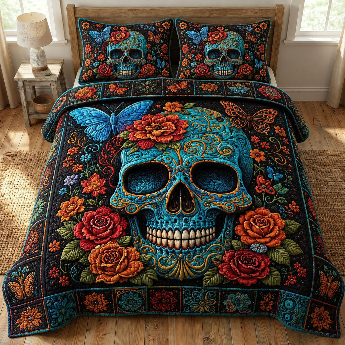 Turquoise Sugar Skull quilted 3-piece bedding set on a made bed against a dark styled interior