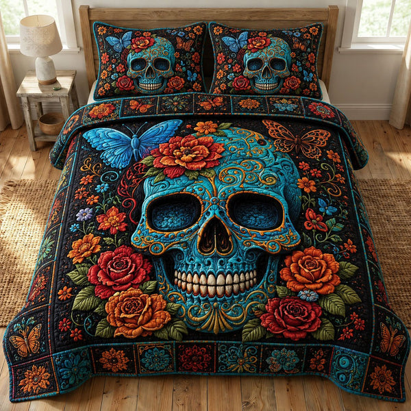 Turquoise Sugar Skull quilted 3-piece bedding set on a made bed against a dark styled interior