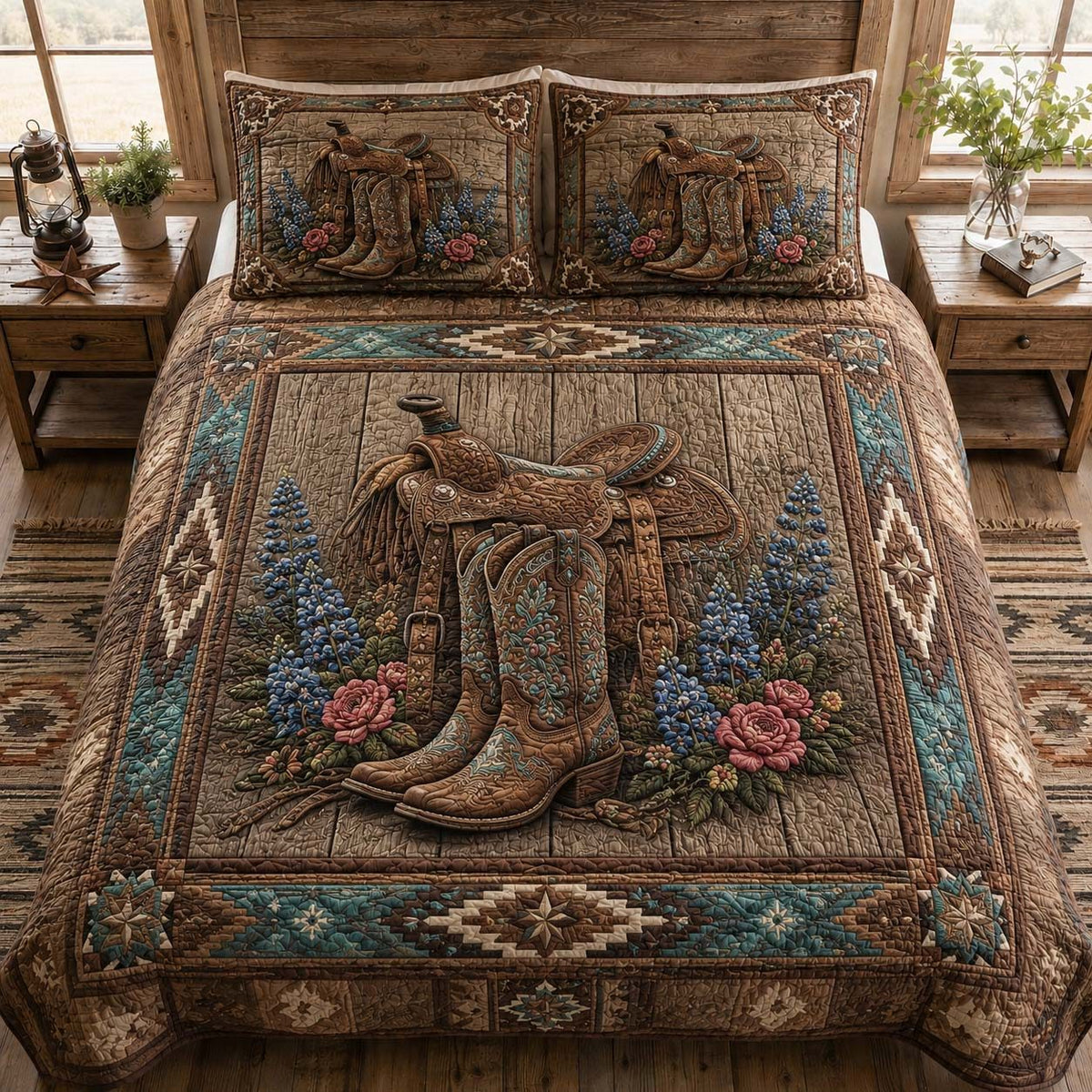 Turquoise Trail quilted 3-piece bedding set on a made bed with two matching pillow shams