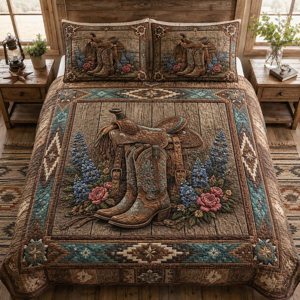 Turquoise Trail quilted 3-piece bedding set on a made bed with two matching pillow shams