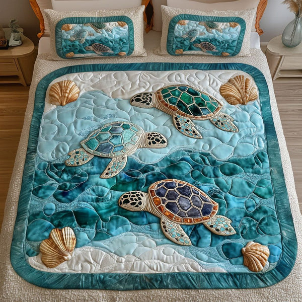 Turquoise Turtle Shore quilted 3-piece bedding set on a made bed in a light coastal bedroom