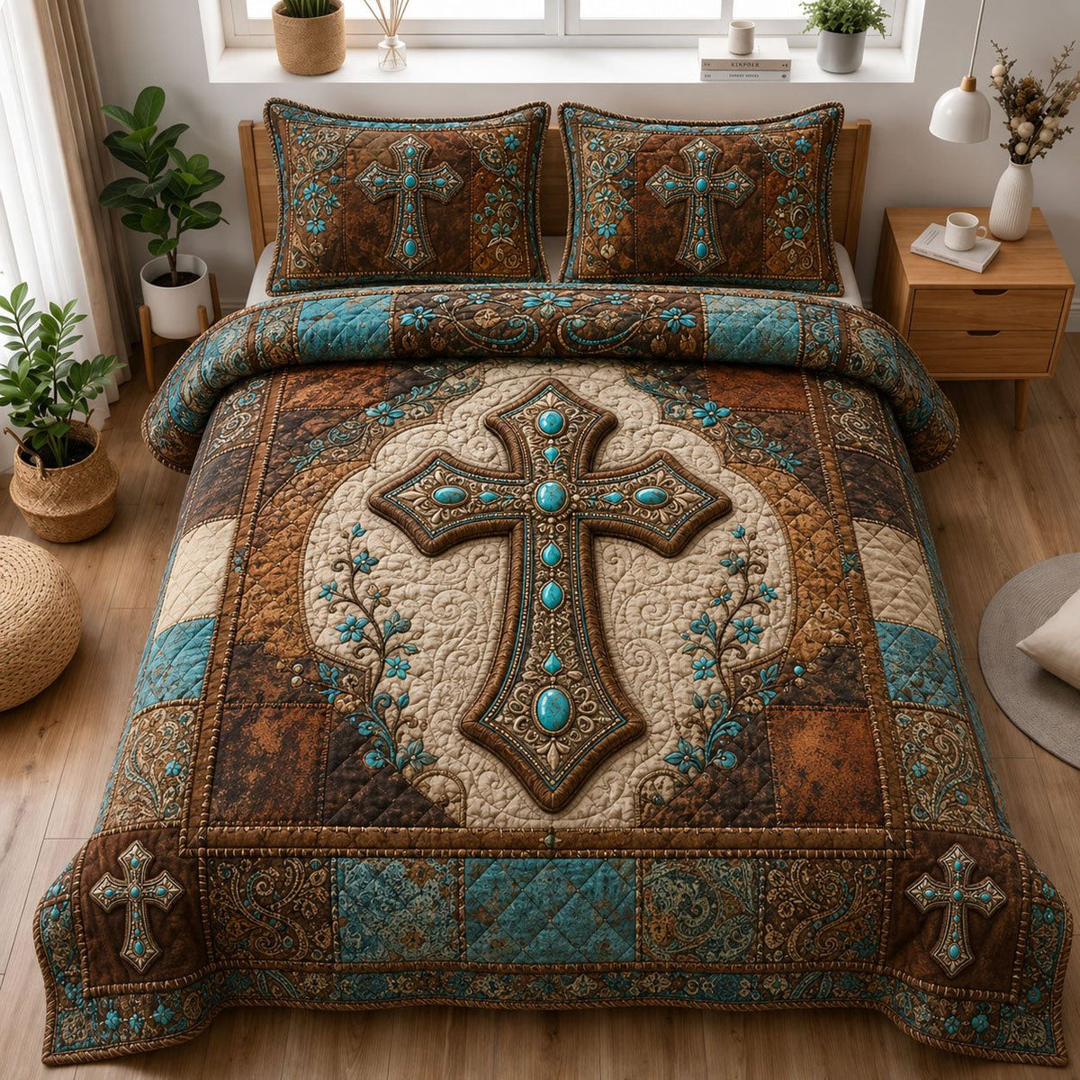 Turquoise Western Cross Christian quilted 3-piece bedding set on a made bed in a softly lit bedroom