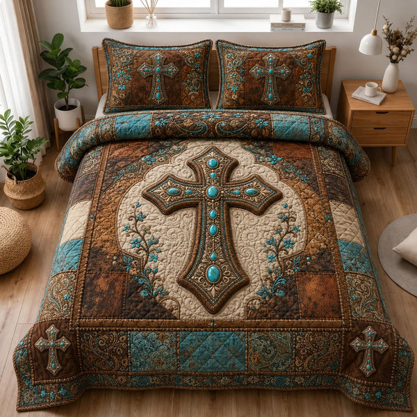 Turquoise Western Cross Christian quilted 3-piece bedding set on a made bed in a softly lit bedroom