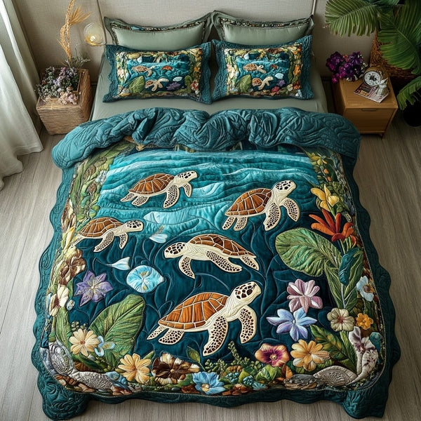 Turtle Adventure quilted 3-piece bedding set on a made bed in a winter-styled bedroom