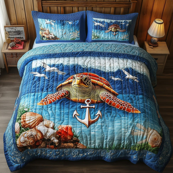 Turtle Anchor quilted 3-piece bedding set on a made bed in a light coastal bedroom