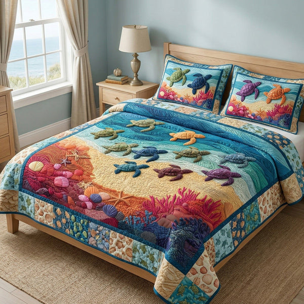 Turtle Beach quilted 3-piece bedding set on a made bed in a light coastal bedroom