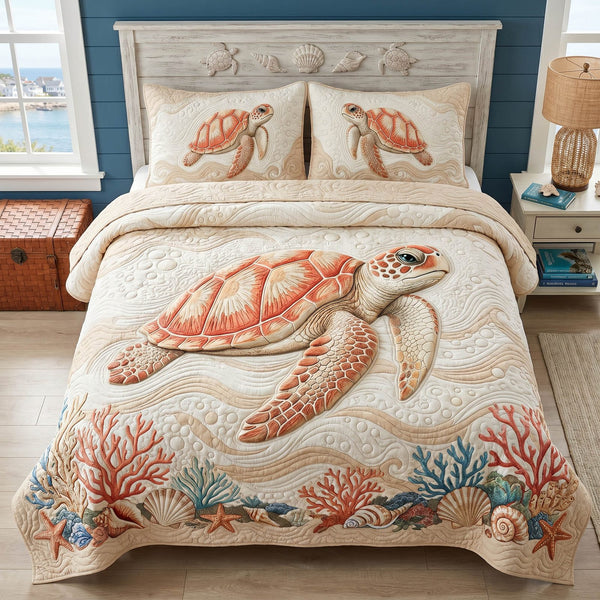 Turtle Breeze quilted 3-piece bedding set on a made bed in a light coastal bedroom