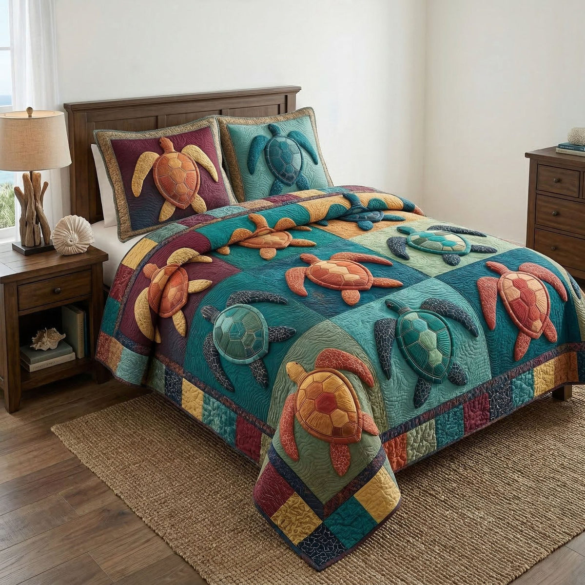 Turtle Coast quilted 3-piece bedding set on a made bed in a light coastal bedroom
