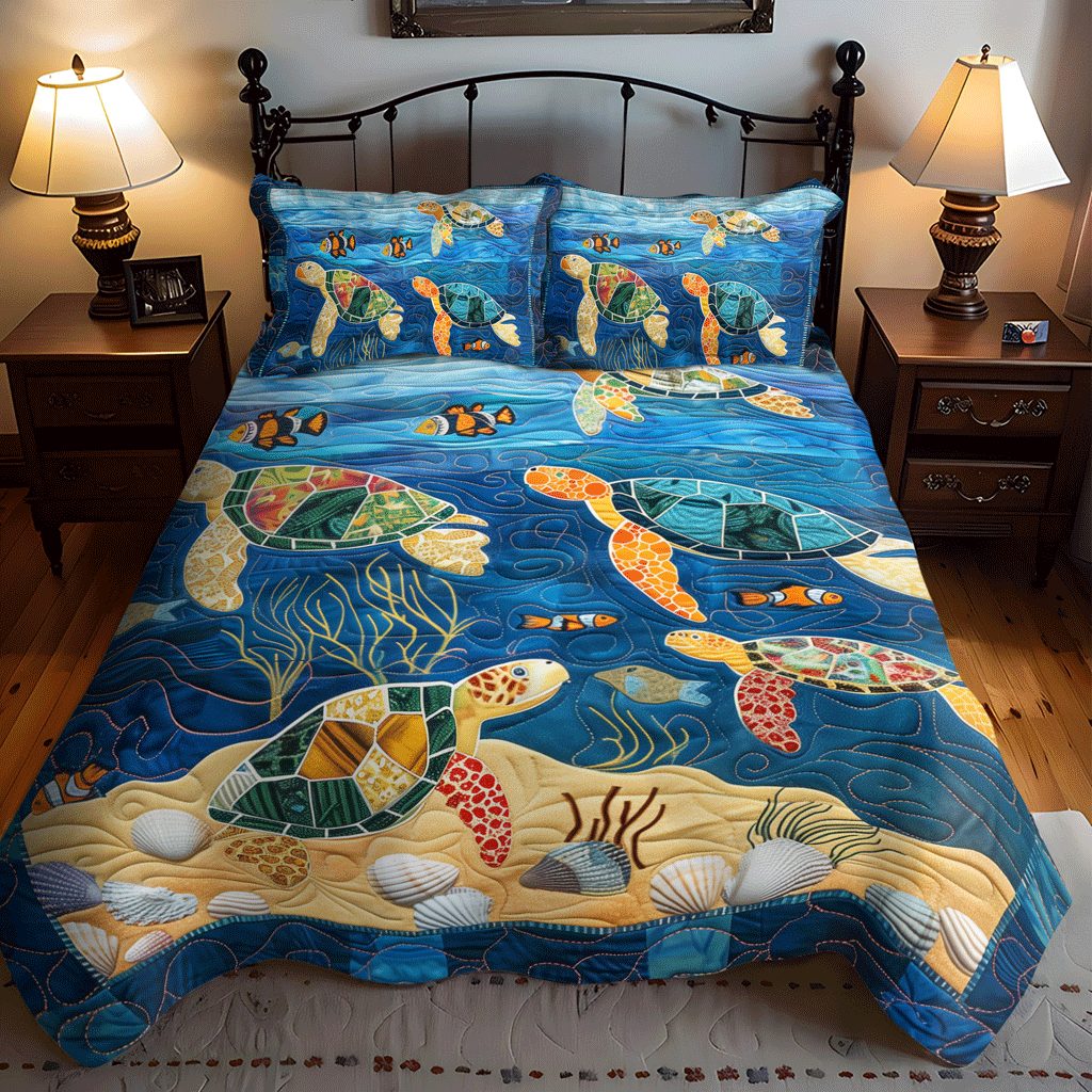 Turtle Coral Fest quilted 3-piece bedding set on a made bed in a light coastal bedroom